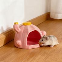 Cute Ceramic Hamster House Hideout Cartoon Cave Multifunction Bed Plus Feeding Bowl Cage Decor for Pets rožinė