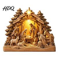 Handcrafted Wood Carving Decor 2D Wooden Nativity Scene Tabletop Ornament Christmas Manger Display Religious Gift C