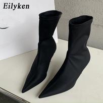 Eilyken naujo dizaino tamprus audinys smailia nosimi Moteriški žemakulniai batai Aukštos kokybės trumpos kojinės moteriškos bateliai 39 juoda
