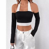 European and American solid color sexy hot girl off shoulder hollow vest long sleeved short hanging neck women's contrasting color top L juoda