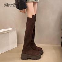 Suede Brown Women's Thigh High Boots Height Increasing Anti-slip High Heel Vintage Over-the-Knee Boots for Women Botas Mujer 40 ruda