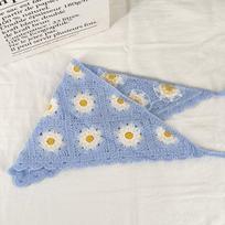 Ins Flower Women's Headscarf Knitted Sweet Triangular HairScarf Breathable Handmade Crochet Small Square Scarf for Summer gray