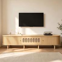 180*40*40cm Oval TV Stand in Light Wood Color, Rattan Design, MDF, 30 kg Load Capacity, Roller Shutter Door Design, Includes Cabinet with Flip Door 180 x 40 x 40 cm