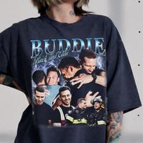 Buddie Marškinėliai, Senoviniai Buko ir Eddie Retro Marškinėliai, 9-1-1 Lapių Serialo 90-ųjų Bootleg Marškinėliai, Evan Buckley Ryan Guzman Grafiniai Marškinėliai, TV Gerbėjų Dovana 120 gray