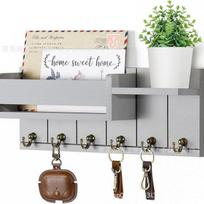 Solid Wood Wall Organizer with Key Hooks for Envelopes & Sundries