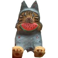 Simple Style Painted Cartoon Cat Sculpture Solid Wood Hand Engraving Cat Decorations  Desktop style 7