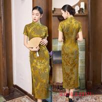 Old Shanghai retro Chinese style middle-aged and elderly mother long short-sleeved cheongsam spring high-end banquet cheongsam XXXXL brown