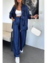 European and American Women's Fashion Two-Piece Set: Straight-Leg Trousers & Long-Sleeve Jacket with 3D Pockets 3035. Medium mėlyna