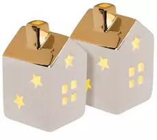Hobilt Dolomito kalėdiniai nameliai su LED apšvietimu, balti su auksiniu stogu, 2 vnt.
