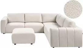 Beliani Modulinė kampinė sofa 5 asmenims „KIVVIK“ su pufu, „Bouclé“, balkšva, kairinė