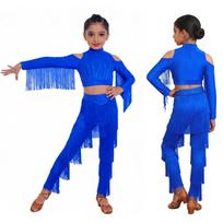 Vaikų mergaičių sceninio šokio apranga: Blizgantis strasais šalto peties viršus ir elastingu juosmeniu klostuoti kelnės su nematomu užtrauktuku nugaroje 13-14 Years karališkos mėlynos spalvos