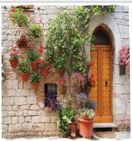Tuscan Garden Shower Curtain with Hooks – Begonia Blossoms, Stone Wall & Wooden Door, Orange White Green Italian Villa Decor 90x180cm35x71in black