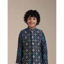 Manyavar Teal Blue Blended Viscose Foil Print Kurta Jacket Pyjama Set for Child 9-10 Y mėlyna