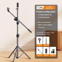 Mikrofono stovo trikojis 1.7 2.1M Mikrofono trikojo laikiklis 66Cm skersinio strypo rankos su spaustuku ir telefono laikikliu iPhone Samsung Xiaomi A4 gray
