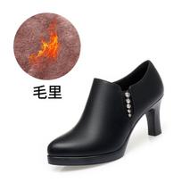Soft Leather High Heel Waterproof Platform Elegant Deep Mouth Women's Single Shoes Women's Fashionable Catwalk Leather Shoes 35 black