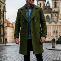 Men's Mid-length Double-breasted Wool Blend Peacoat, European US Size Warm Winter Overcoat Jacket for Men, Outerwear for Dropshipping M armijos žalia spalva