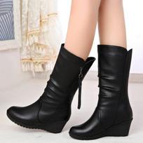 Rudens Žiemos Moteriški Aulinukai iki Pusės Blauzdos PU Juodi Pleištai Botas Mujer Apvalus Pirštas Šoninis Užtrauktukas Šiltas Pliušinis Sniego Batai Botas Para Mujer 41 juoda