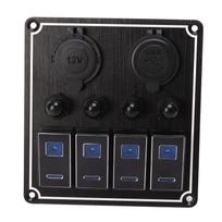 4 Gang Rocker Switch Panel with USB Cigarette Lighter Socket Toggle ON Off Combination Switch Panel for Caravan Yacht black