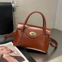 New bag messenger bag women's commuter bag women's light luxury niche leather hand-held first-layer cowhide shoulder bag Bottom length 26cm, width 11cm, height 20cm tamsiai ruda spalva