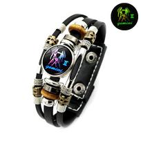 Šviečiantis 12 Zodiako ženklų Stiklo Akmenukų Daugiasluoksnė Odinė Apyrankė Punk Žvaigždynų Karoliukų Apyrankė Papuošalas Dovana Vyrams Moterims Gemini black