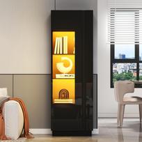 60*40*180cm Display Cabinet with Acrylic Door, High-Gloss Storage Cabinet with LED Lighting, 3 Glass Shelves, Highboard, Tall Cabinet, Black 60 x 40 x 180 cm juoda