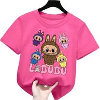 2025 New Labubu Printed Children's T-shirt LABUBU Pattern Girls Round Neck Short Sleeve Fashion Versatile Clothing 110 pink