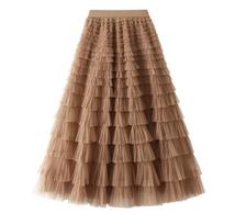Sluoksniuotas plisuotas tiulio midi sijonas moterims: Elegantiškas aukšto juosmens tinklinio dizainas pavasariui/rudeniui. L (Length 95cm) chaki
