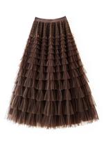 Sluoksniuotas plisuotas tiulio midi sijonas moterims: Elegantiškas aukšto juosmens tinklinio dizainas pavasariui/rudeniui. L (Length 95cm) kava