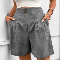 Women's Loose Casual Pants Button -Color High Waist Straight Shorts S gray