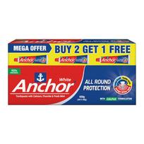 Anchor All Round Protection White Toothpaste 450g (150g x 3) with Free Premium Toothbrush | CALFLO Calcium & Fluoride Formula for Stronger & Whiter red
