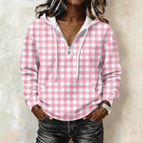 Women's Fashion Long Sleeve Plaid Print Hoodie Pullover with Casual Top S rožinė