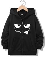 Kids Funny Sly Face Graphic Zip Up Hoodie Loose Long Sleeve Hooded Jacket Casual Cute Outerwear for Boys Girls 160 black
