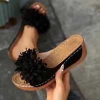 Plus‑Size Thick‑Sole Hollow‑Out One‑Strap Slippers, Cross‑Border Open‑Toe Floral Wedge Slide Sandals for Women 38 juoda