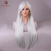 Balti kirpčiukai Natūralaus ilgio tiesūs perukai moterims Karščiui atsparus pluoštas Sintetinis perukas kasdieniam naudojimui Cosplay (28 colių) 28inches&1pc gray