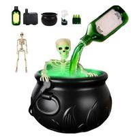 Witch Bowl Spooky Witch Mist Maker Cauldron with Floating Bottle Black Plastic Cauldron & Skeleton Halloween Decor LED Cauldron 19.5cm green