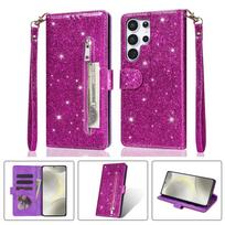 Užtrauktuku Cute Blizganti Piniginė Kortelių Lizdas Telefono dėklas Samsung S26 Ultra S25 Plus S24 S23 A36 A56 Apverčiamas Stiprus Magnetinis Dangtelis Galaxy A06 4G violetinė