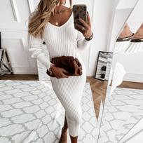 Fashion Women's Long Sleeve Dress V Neck Plain Ribbed Dress Casual Dress L balta