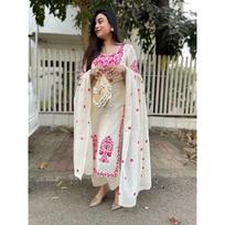 Gosriki Women' Rayon Viscose Embroidered Straight Kurta With Pant & Dupatta (Jivanta CreamGs Cream XxxxLarge) 5XL kreminė