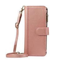 Zipper Cards Bag Wallet Leather Case For Samsung Galaxy Z Fold 7 6 5 4 3 5G Fold7 Fold6 Fold5 Long Lanyard Crossbody Stand Cover Galaxy Z Fold3 5G rožinė