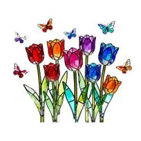 Tulip Stained Glass Window Film Decorative Tulip Bouquet Butterfly Window Cling Reusable Static Glass Sticker for Bathroom Living įvairiaspalvis