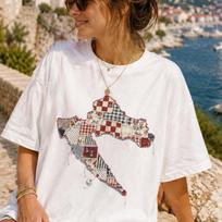 Croatia Map Patchwork Shirt, Croatian Heritage Tee, Adriatic Coast Travel Shirt, Faux Embroidery Graphic T-Shirt, Croatia Souvenir Gift 140 gray