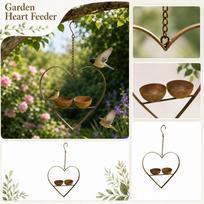 Metal Heart Shaped Outdoor Bird Feeder Hanging Garden Decorative Iron Frame Small Bird Feeding Station with Two Wooden Bowls one size black