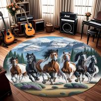 Running Horses Mountain Nature Scenery Round Area Rug Print Carpet Floor Mat Home Living Room Bedroom Indoor Home Decoration 80X80CM