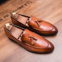 Men's Genuine Leather Tassel Loafers Comfortable Business Casual Dress Shoes Slip On Formal Footwear 38 brown
