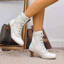 Women Victorian Satin Lace Up Wedding Boots Retro Mid Heel Closed Toe Bridal Shoes Plus Size 40 brown