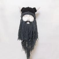 Horn Hat Viking Beard Beanie Winter Warm Big Beard Mask Hat Wig Beard Hats  Costume Accessory dark grey gray