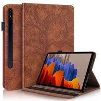 Dėklas Samsung Tab S9 FE planšetiniam kompiuteriui, 10,9 colio, su reljefiniu medžiu, PU odos atverčiamas planšetinio kompiuterio dėklas, Funda Galaxy Tab S9 FE S8 S7 dėklui, 11 Tab S9 (11 inch) ruda