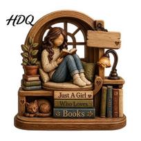 Decorative Wood Signs for Readers Wooden Reading Girl Figurine Book Lovers Personalized Desktop Bookshelf Decor with Room Shelf Ornaments Stacked 15cm C
