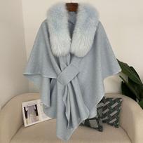 Womens Oversized Knit Cape With Real Fox Fur Collar Sleeveless Wool Blend Coat V-Neck Plus Size Elegant Casual Outerwear Light Blue gray