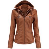 Moteriška dirbtinės odos striukė su nuimamu gobtuvu Motocross Racer Biker Double Zip Slim PU Motociklo trumpas Moto paltas Classic Bomber Viršutiniai drabužiai S-4XL 6XL kupranugaris